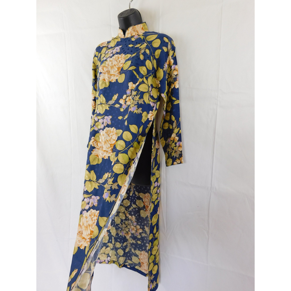 VINTAGE SILK FLORAL ASIAN KIMONO DRESS SMALL - Picture 2 of 6